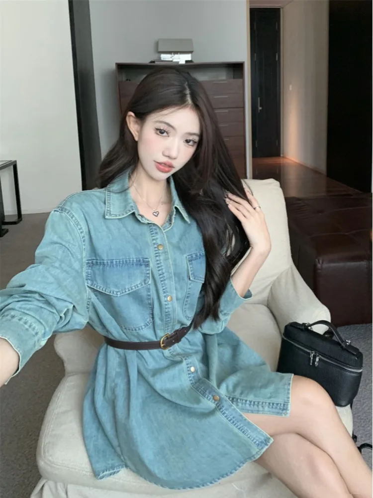 Kimotimo 여성용 빈티지 데님 셔츠, 라펠 벨트, 허리 긴팔 상의, 한국 심플 캐주얼 루즈, 중간 길이 블라우스, 2024 용수철
