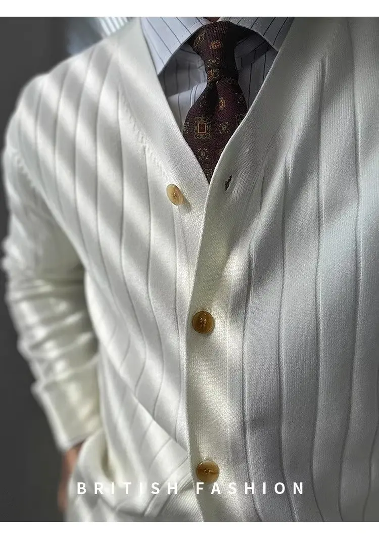 Description Picture 5 of itemMen Cardigan Temperament Daily Simple Hong Kong Style Handsome Advanced Single Breasted V-neck Knitting Swewaters Pure Color