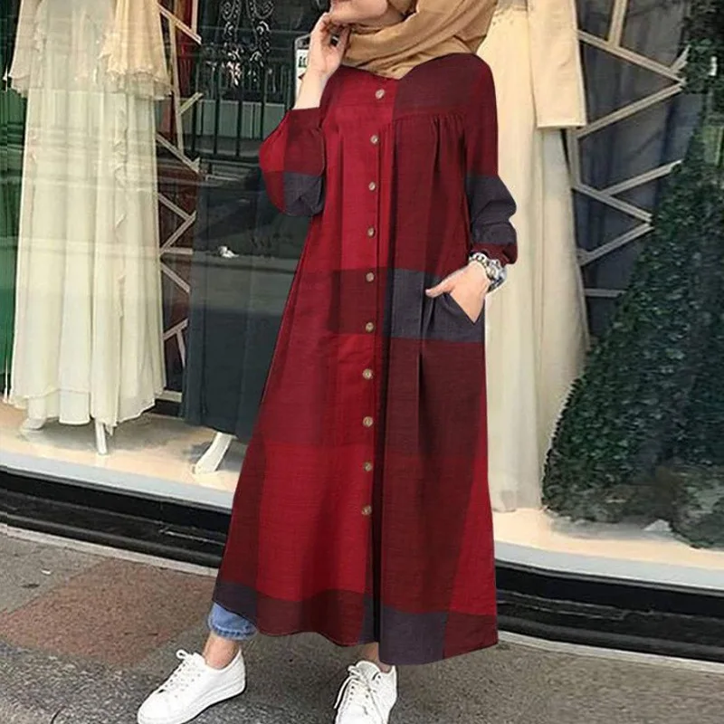 New Summer Muslim Vintage plaid Blouse for Women Simple Cotton Linen Long Shirt Saudi Arabia Islam Femme Tops Lady Shirt Dresses