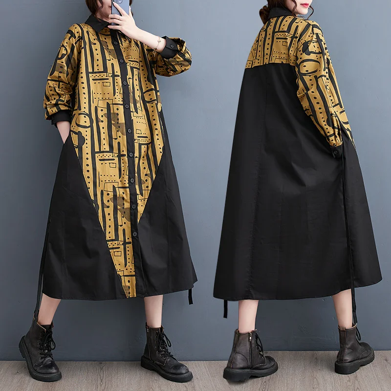 

#6825 Spliced Color Vintage Printed Long Shirt Dress Women Turn-down Collar Midi Dress Female Long Sleeve A-Line Front Buttons