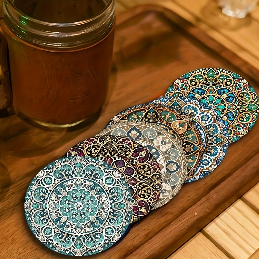 6pcs 4in Colour 2D Moroccan Mandara Wooden Cup Mat Set Heat-Resistant Non-Slip Easy Clean Home Restaurant coffee shop decoration