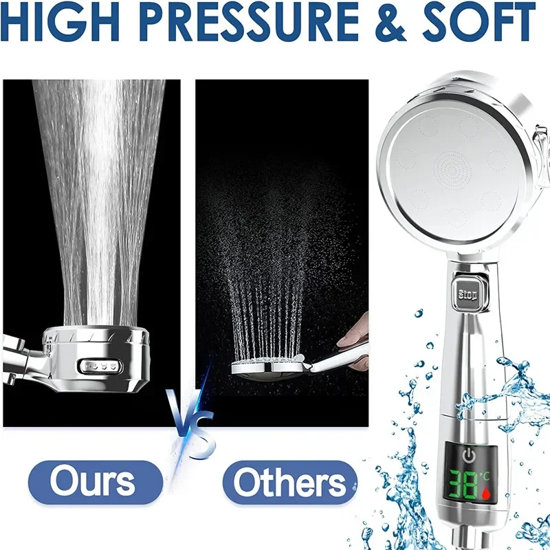High-Pressure Handheld Digital Display Shower Head with Water-Saving 4-Mode Spray