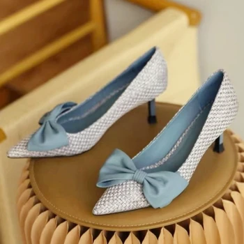 Woven Bow Designer Brand High Heels Women Fashion Shallow Patchwork Slide Sandal Elegant Simple Pointed Toe Thin Heel Dress Shoe