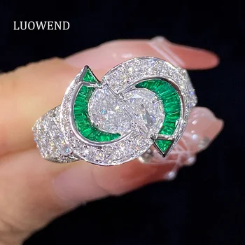 LUOWEND 18K White Gold Rings Fashion Tai Ji Shape Real Natural Emerald Luxury Diamond Gemstone Ring for Women High Party Jewelry