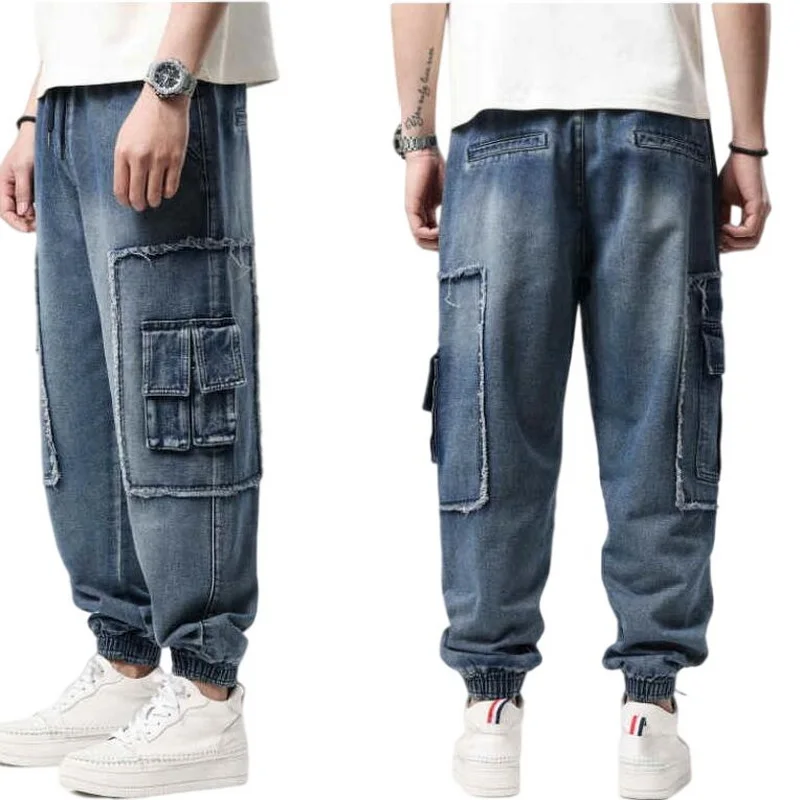 Men Jeans Pleated Motorcycle Biker Denim Pants Men Slim Elastic Punk Jeans Denim Trousers