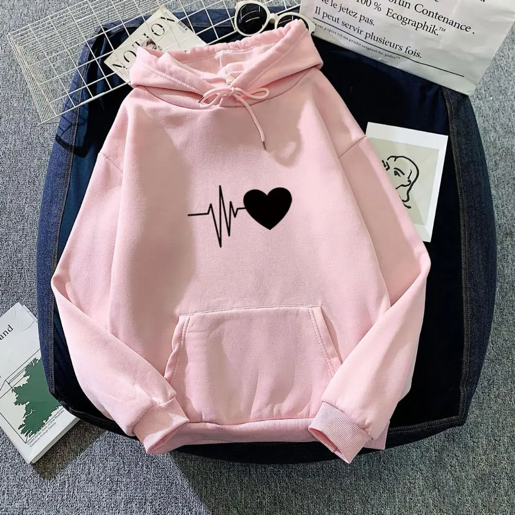 

Women Fleece Hoodie Cozy Heart Print Unisex Hoodie with Drawstring Plush Warmth Big Patch Pocket for Fall Winter Women Hoodie