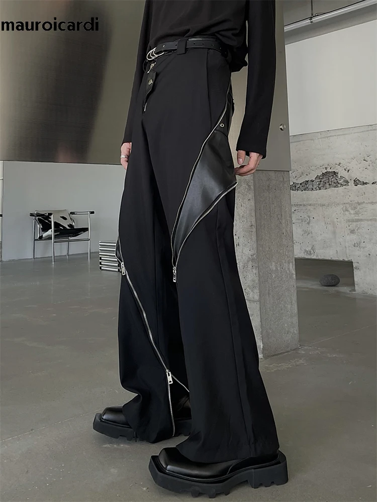 Men Trousers Leather Pants Mauroicardi Spring Autumn Pu Leather Patchwork Long Loose Many Zippers Luxury Designer