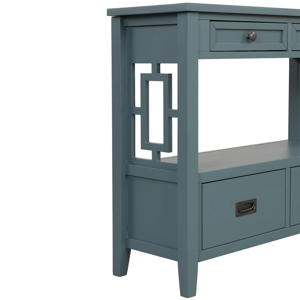 Farmhouse Pine Wood Console Table with Drawers & Storage Shelf in Blue for Entryway/Living Room/Hallway/Kitchen 6