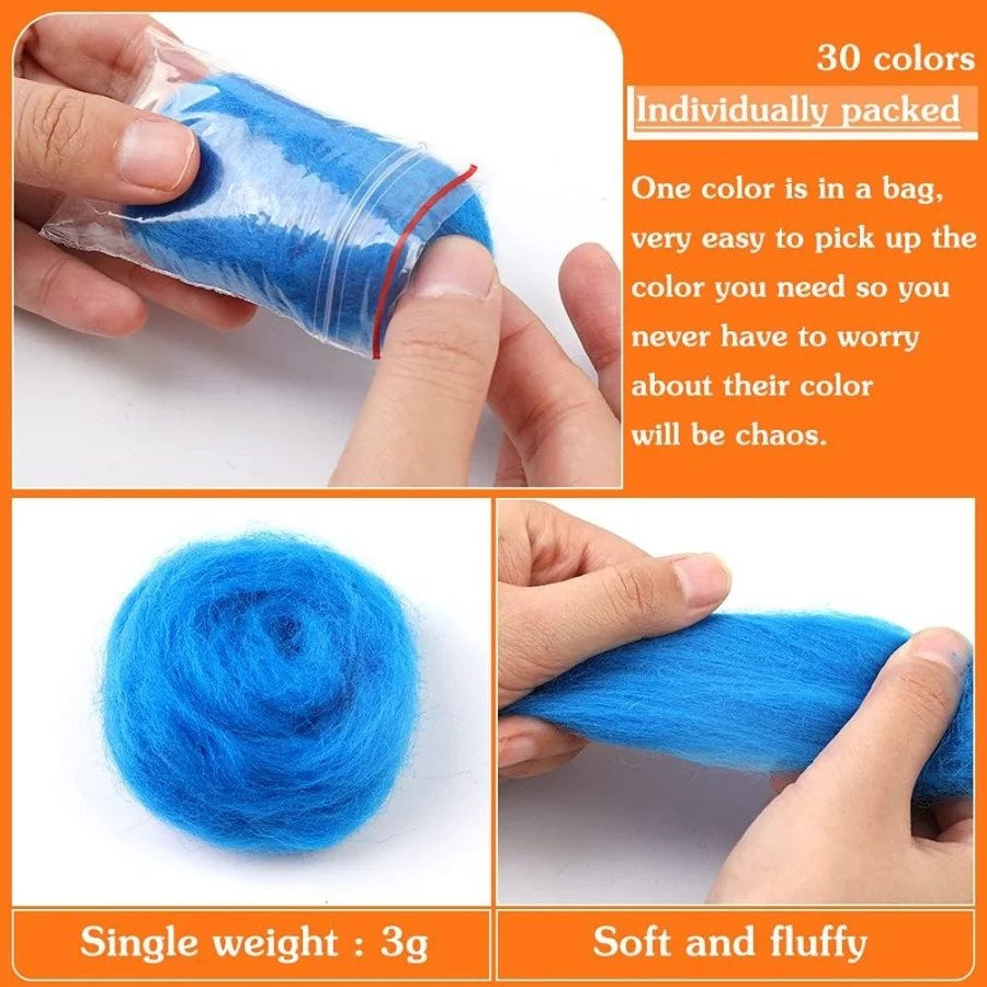 MIUSIE 30/54 Colors Wool Roving Yarn Fiber Wool Yarn Roving Needle Felting for Needle Felt DIY 3g/Color