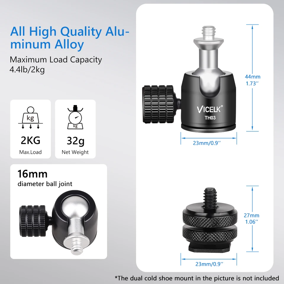 2-Pack Mini Kogelkop Statiefkop 360° Draaibaar 90° Kantelbaar Balhoofd