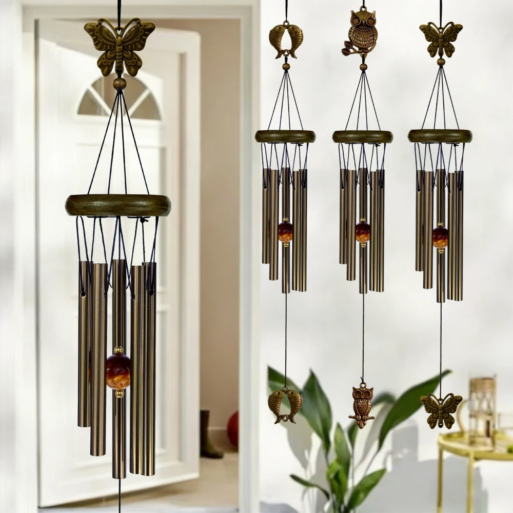 Bronze Harmony Wind Chime with Butterfly and Owl Charms - Outdoor & Garden Decor Gift
