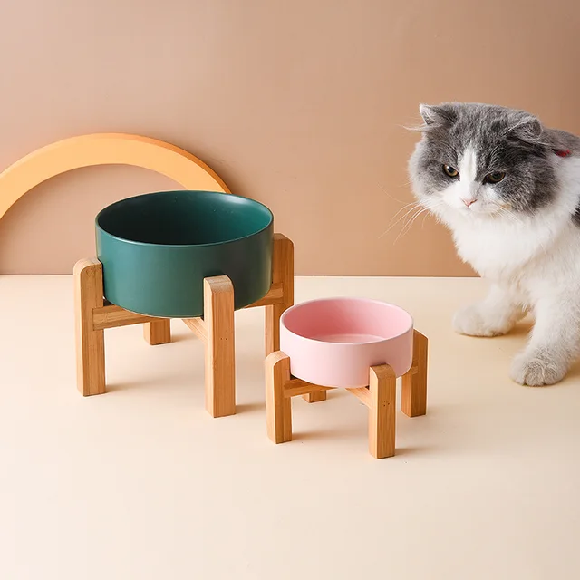Multi-sized Big Dogs Bowl Ceramic Elevated Pet Food Water Feeders Small Medium Large Dog Feeding Supplies with Wooden Stand 5