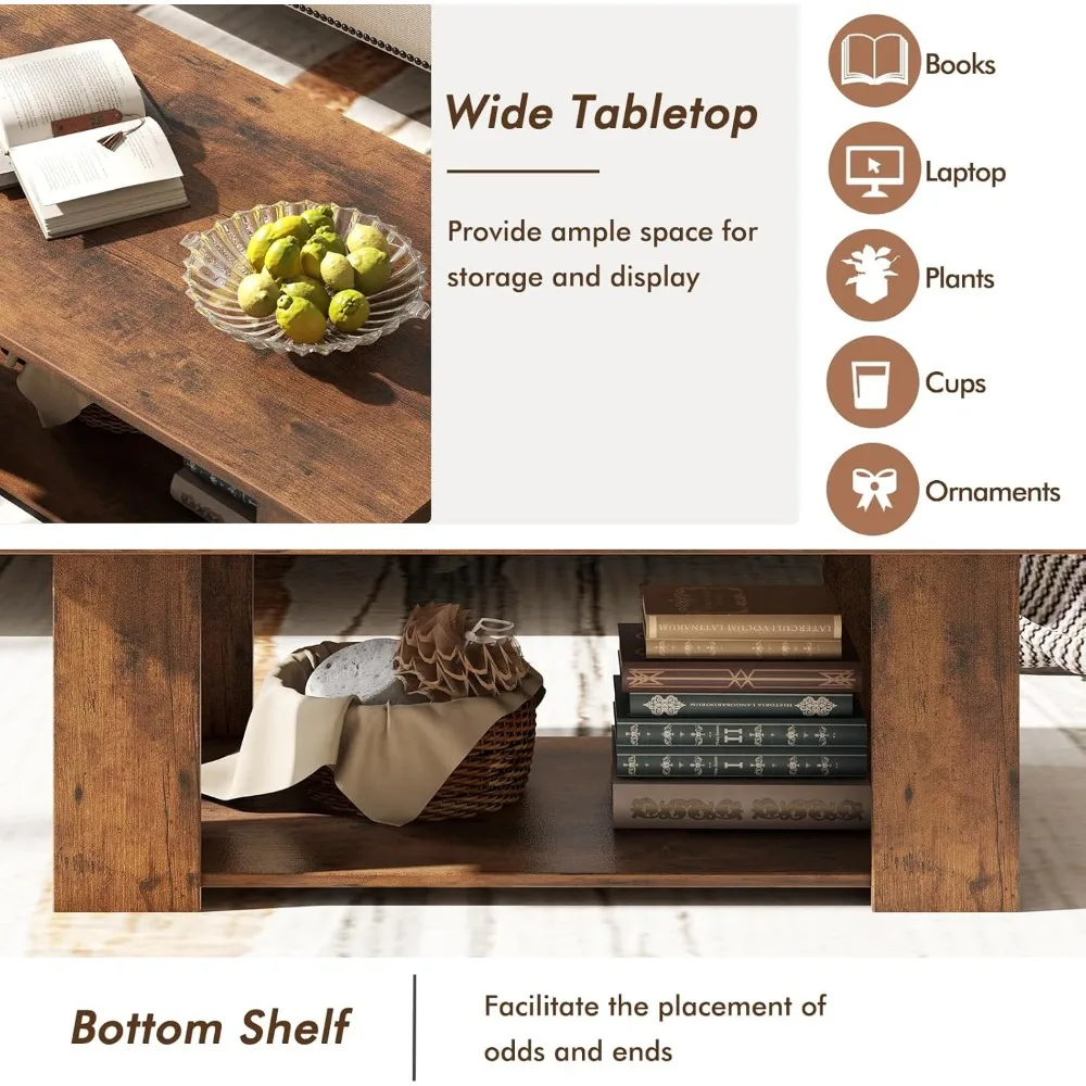 2-Tier Coffee Table, Modern Rectangular Center Cocktail Table with 5 Support Legs, Café Tables 6
