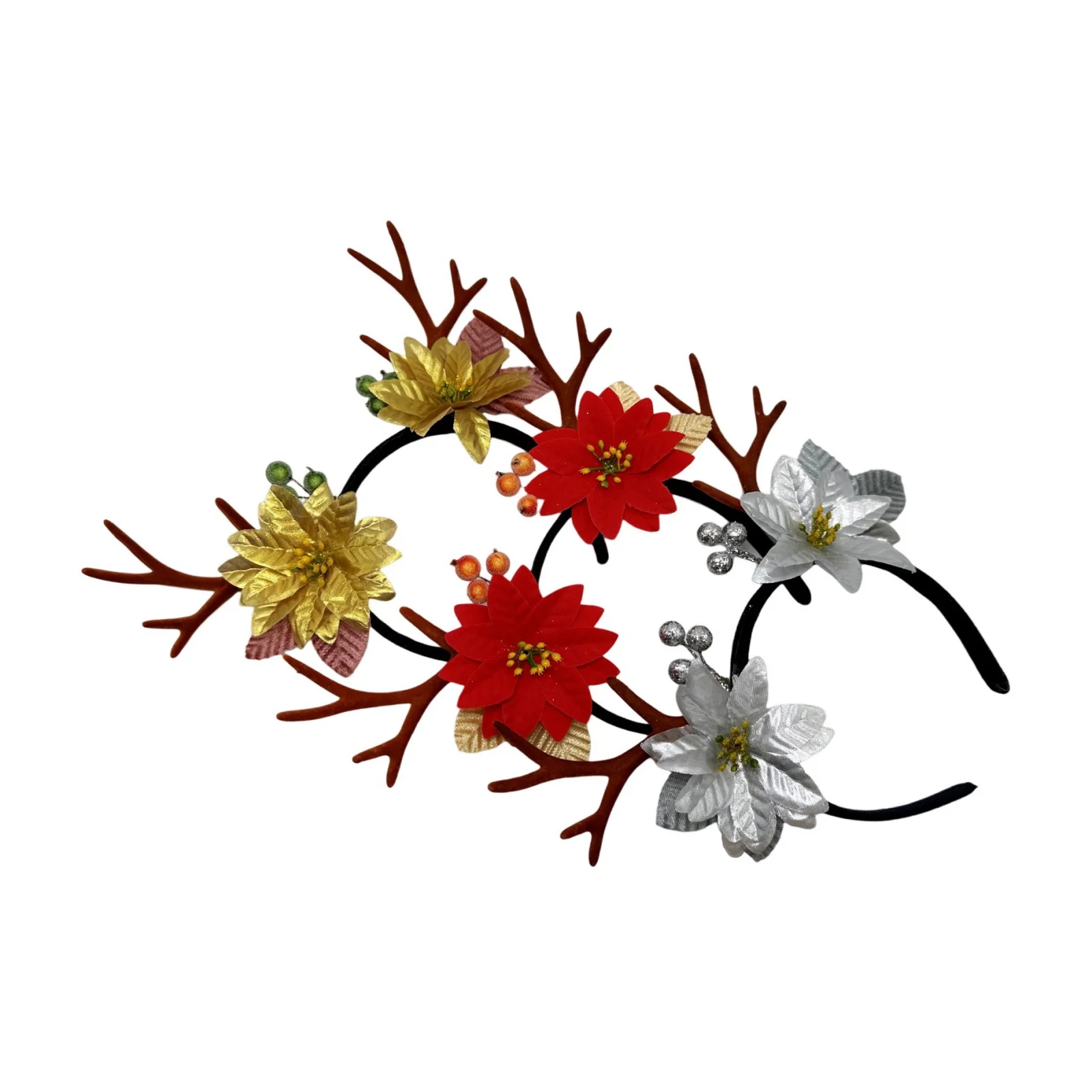 1PC Christmas Reindeer Antlers Headband - Poinsettia Flower Decor Hair Accessory For Christmas Party Cosplay Festival Decoration
