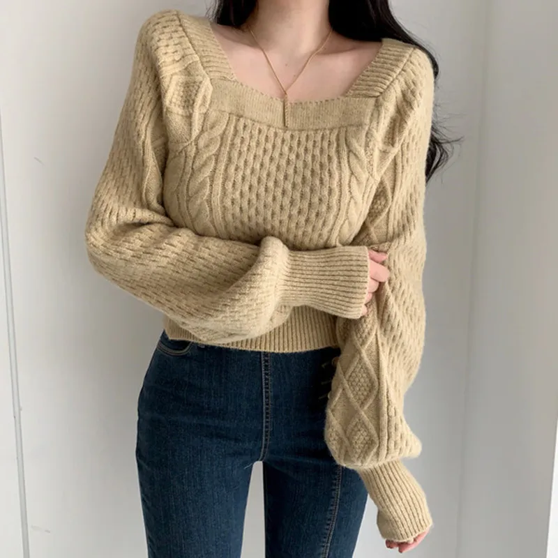 New Women's Lantern Sleeve Knitted Long Sleeve Sweater Fashion Square Neck Casual Loose Women's Solid Color Sweater