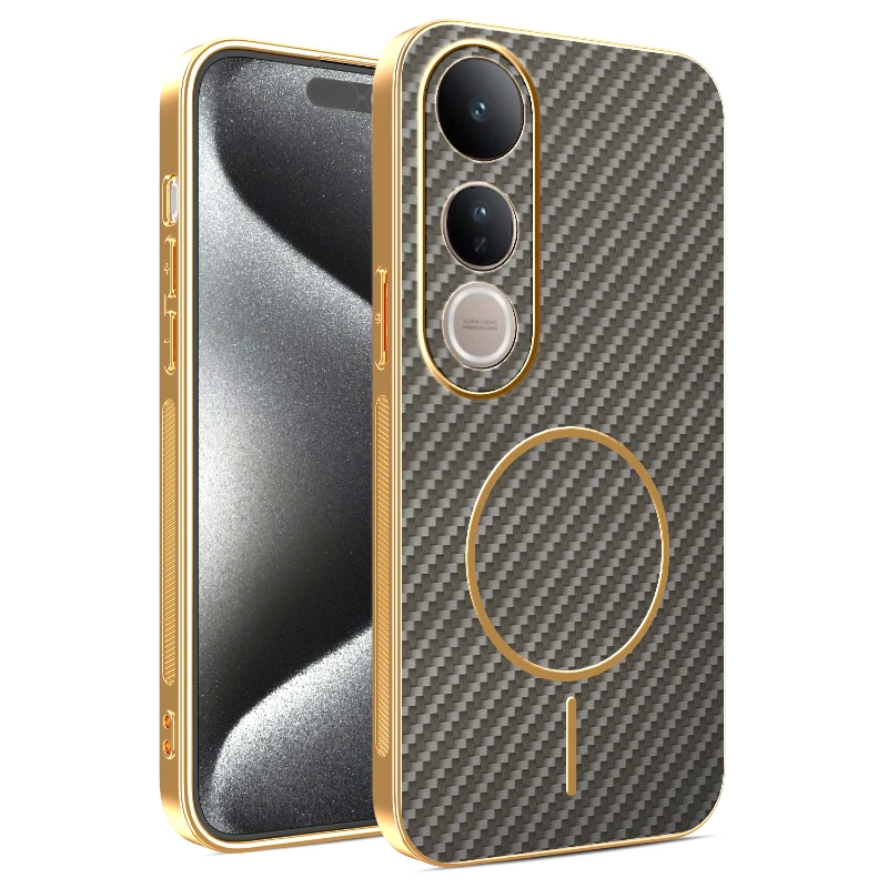 Electroplating Leather Carbon Fiber Magnetic Ring Case - Anti-Fall Bumper Cover