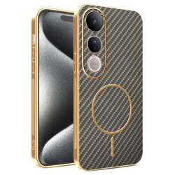 Electroplating Leather Carbon Fiber Magnetic Ring Case - Anti - Fall Bumper Cover for Vivo V50 Lite 4G (GRAY)