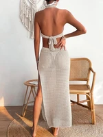 Fashionable and Elegant Woolen Dress Women's Bikini Blocked Solid Round Neck Hollow Skirt - Image 2