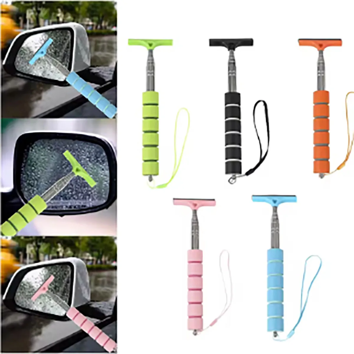 Car Rearview Mirror Wiper Stainless Steel Telescopic Long Handle Auto Mirror Squeegee Cleaner for Cleaning Shower Glass Door 1