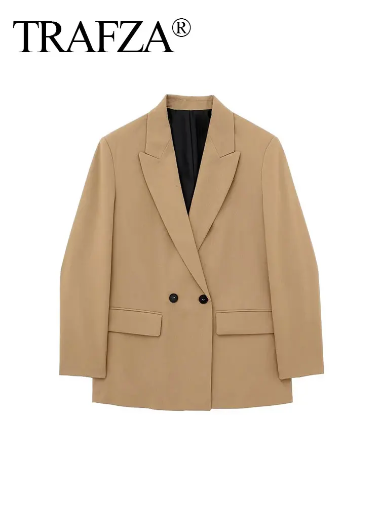 

TRAFZA 2023 Autumn V Neck Long Sleeve Loose Suit Pocket Jacket Office Blazers Women's Tops Elegant Women's Khaki Blazers