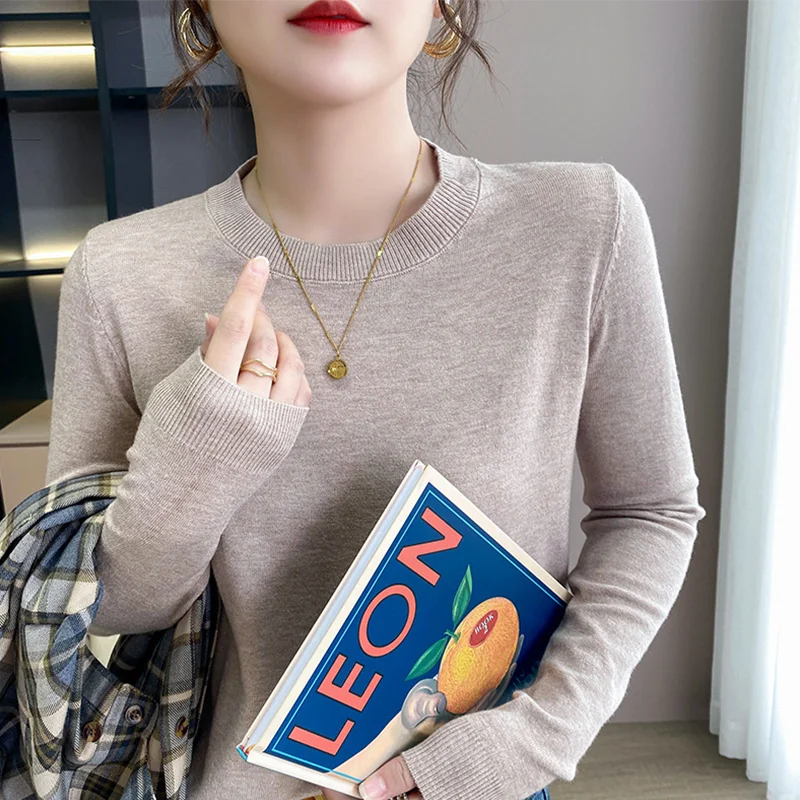 

Women's Sweater Autumn Female Collar Long-sleeved Casual Solid Color Round Neck Wild Brown Thin Knit Sweater Pullover