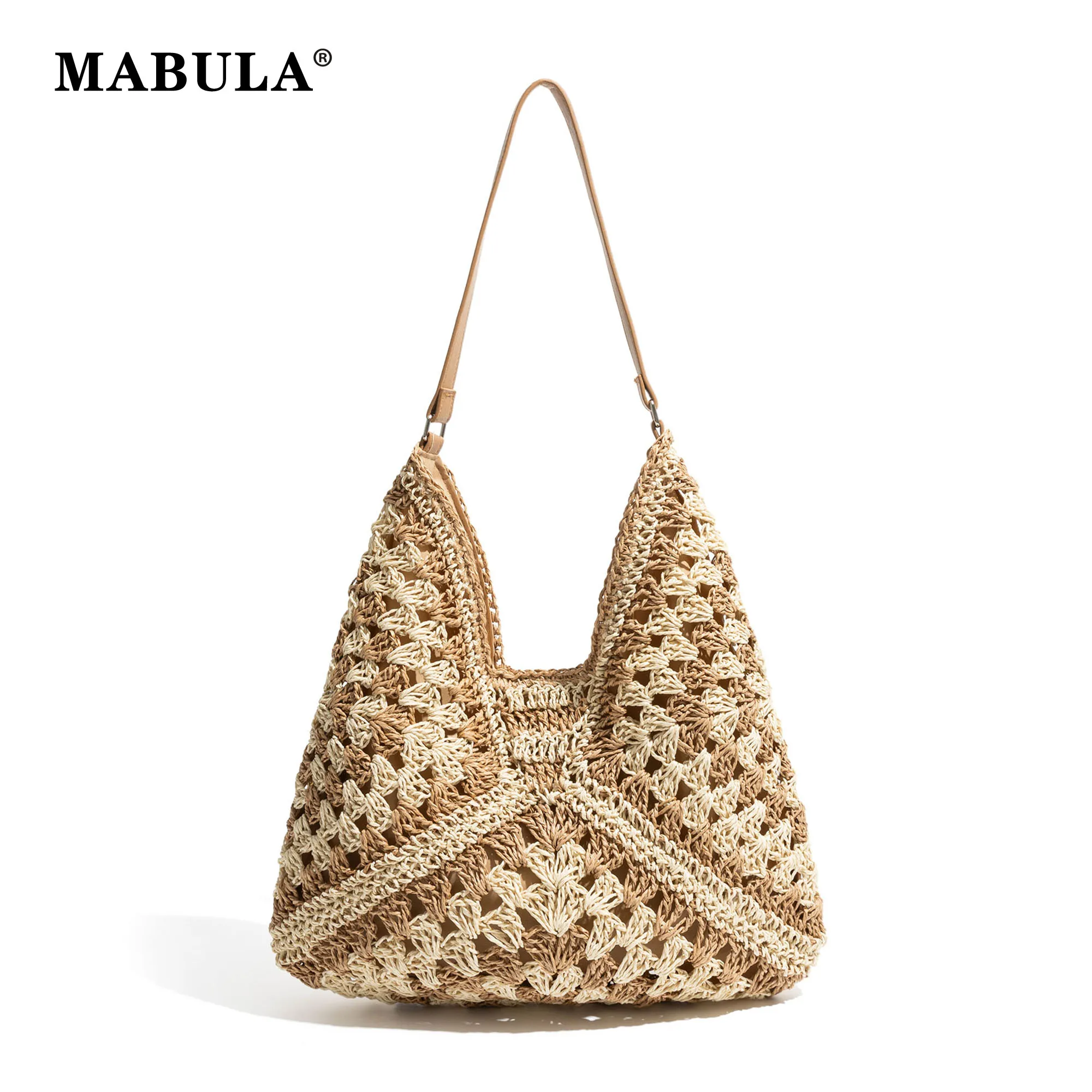 MABULA Vintage Bohemian Straw Tote Shoulder Bag For Woman Handwoven Beach Vacation Top Handle Bag Lightweight Female Purse