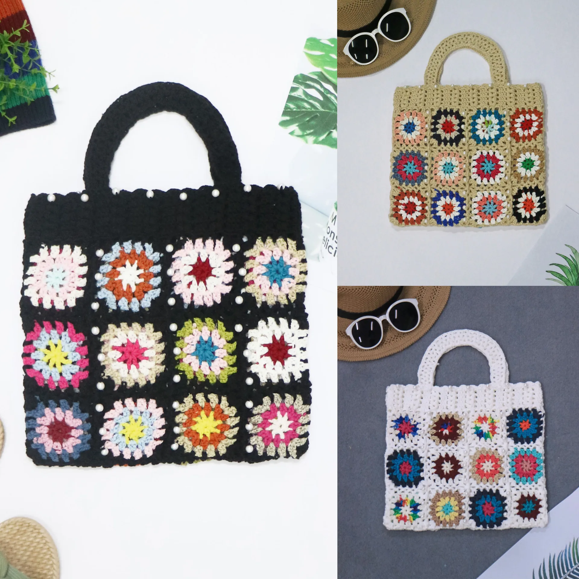 

Bohemian Granny Square Crochet Tote Bag Knitted Pearls Women Handbags National Summer Beach Bags Casual Small Shopper Purse 2022