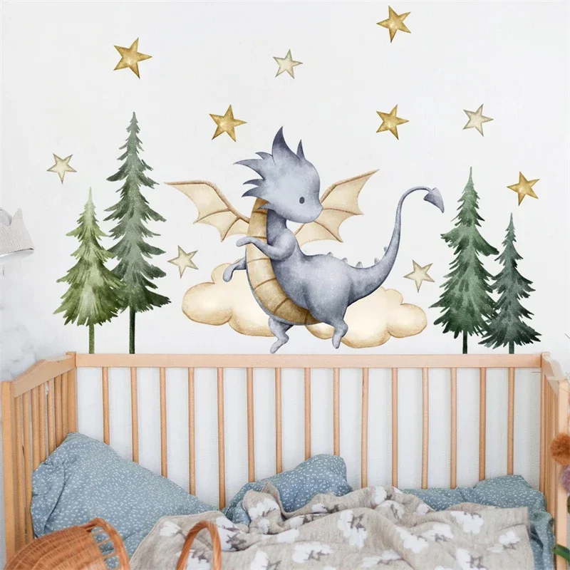 Cute Lovely Flying Dragon Forest Wall Stickers for Kids Rooms Baby Room Children Wall Decoration Trees Stars Decals Nursery wall stickers,luminous wall stickers,vinyl decal stickers,children room decoration