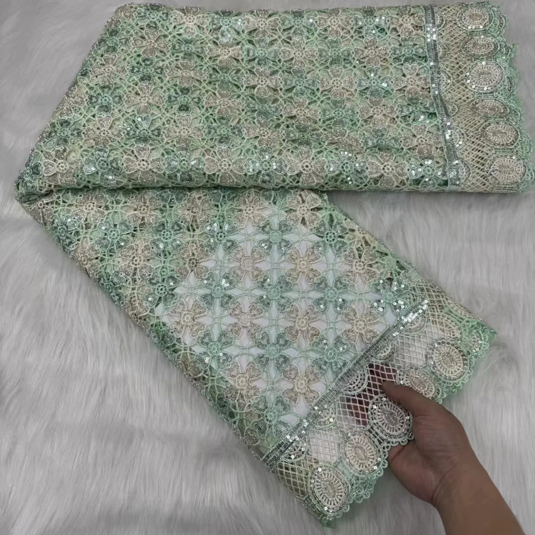 

2024 африканская кружевная блестящая ткань высокого качества, хлопчатобумажная ткань на метр, вышивка, Водорастворимая, свадебное платье, тюль, 5 ярдов