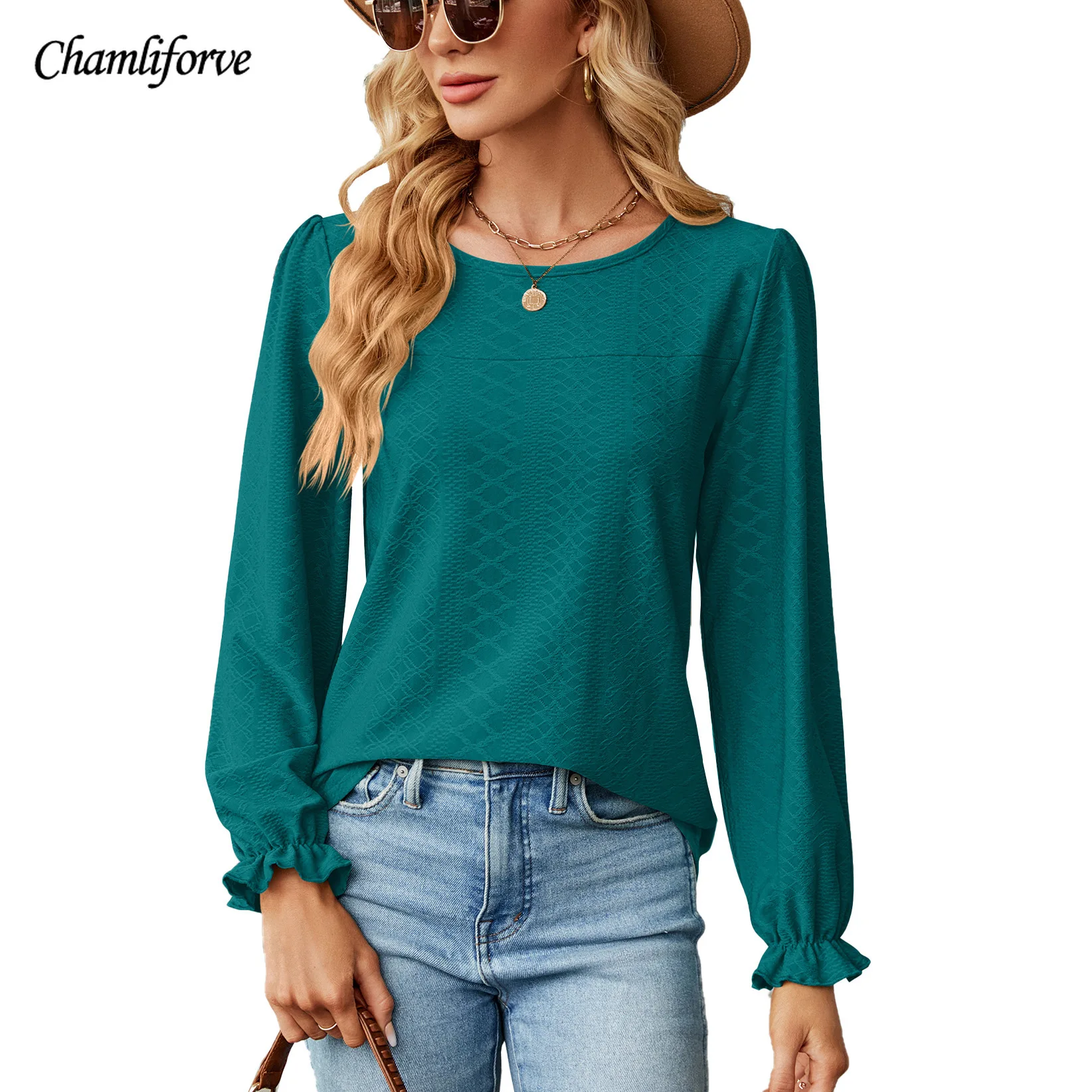 

Chamliforve 2023 Autumn and Winter Loose Round Neck Long Sleeve Stitching T-shirt Top for Women Tops Shirts for Women Y2k Top