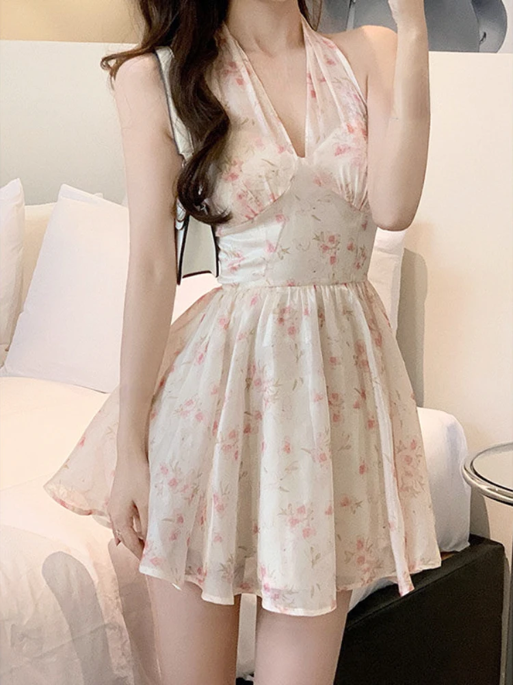 

Sweet Beach Short Party Mini Dresses Sexy Sleeveless Elegant Vintage Dress Women 2023 Summer Basic Floral Korea Fashion Dress