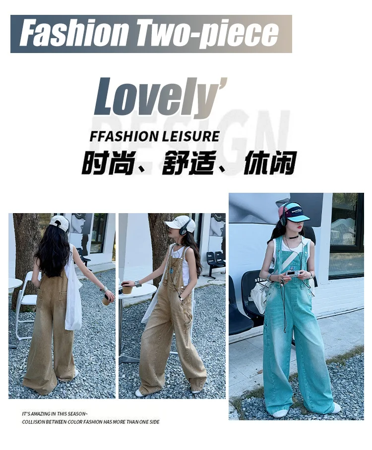 summer teen girls water washed punk wide leg jumpsuit junior kids loose slimming casual Cowboy overalls 4-14 child ropa trousers