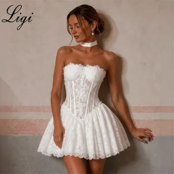 Abito da sposa LIGI elegante senza spalline in pizzo, mini-lunghezza, linea ad A, personalizzabile, senza maniche, formale, per feste, cocktail o ballo di fine anno