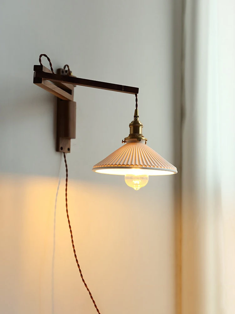 Applique Murale Japonaise En Bois Rotative à 180° – Abat-jour En Travertin Jaune Naturel, Interrupteur à Cordon | Style Vintage Pour Chambre, Balcon, Table De Chevet (noyer, Lumière Chaude)