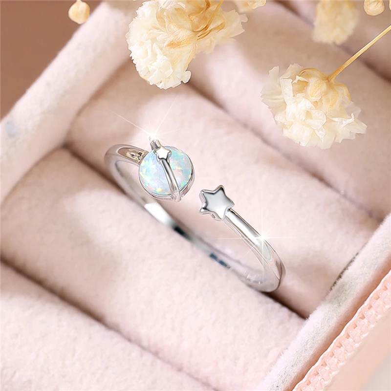 Cute Female Small Round White Blue Fire Opal Stone Adjustable Ring Boho Silver Color Open Wedding Jewelry For Women