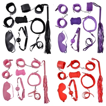 10 Pcs/set Sexy Lingerie PU Leather bdsm Bondage Set  Hand Cuffs Footcuff Whip Rope Blindfold Erotic  Toys For Couples 3