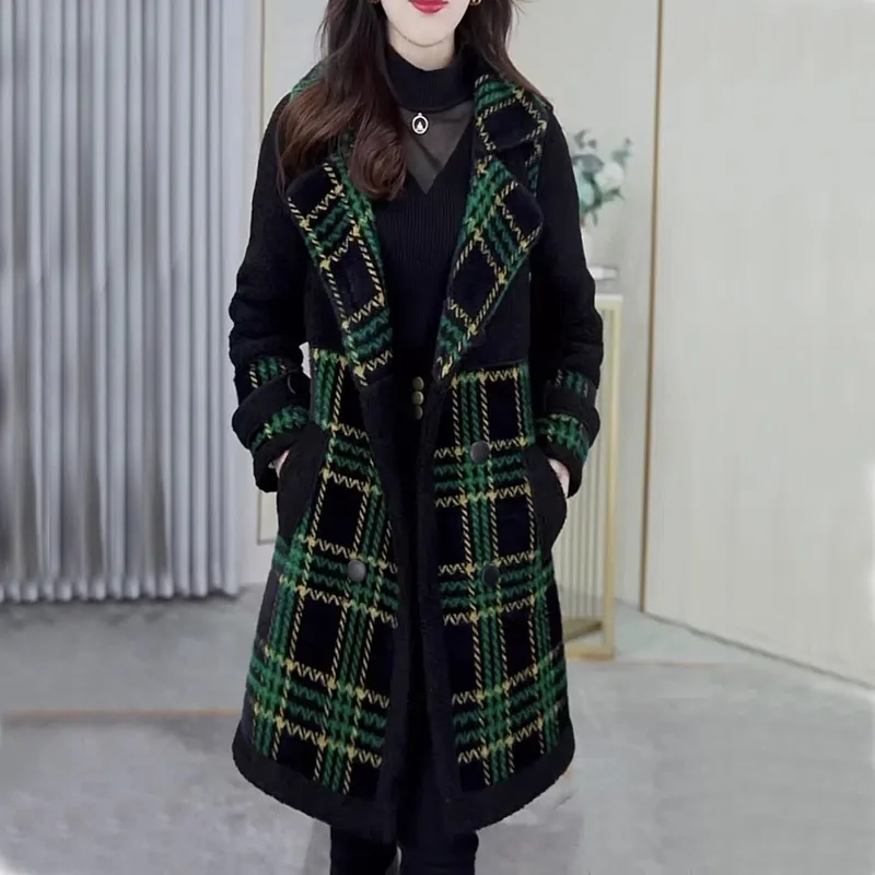 Add Fleece Thick Plaid Wool Coat Feminine Slimming Autumn/Winter 2022 Fashion Everything Slim Lamb Wool Coat Button Commuting X4
