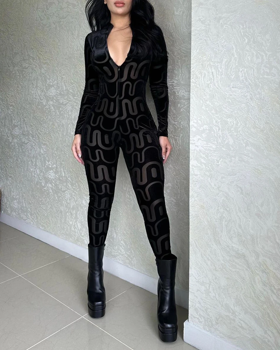 

Fashion Print Zipper Skinny Jumpsuit Romper Women Sexy Bodycon Long Sleeve One Piece Party Outfits Female Casual Streetwear 2024