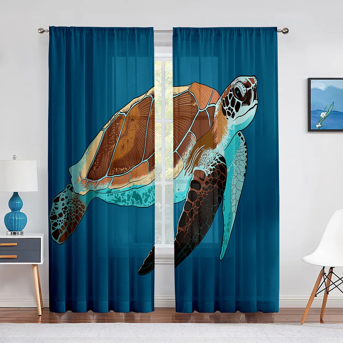 

Тюлевые шторы с мультяшными морскими черепашками для украшения гостиной, морские животные, чернильные синие шифоновые прозрачные шторы из тонкой ткани