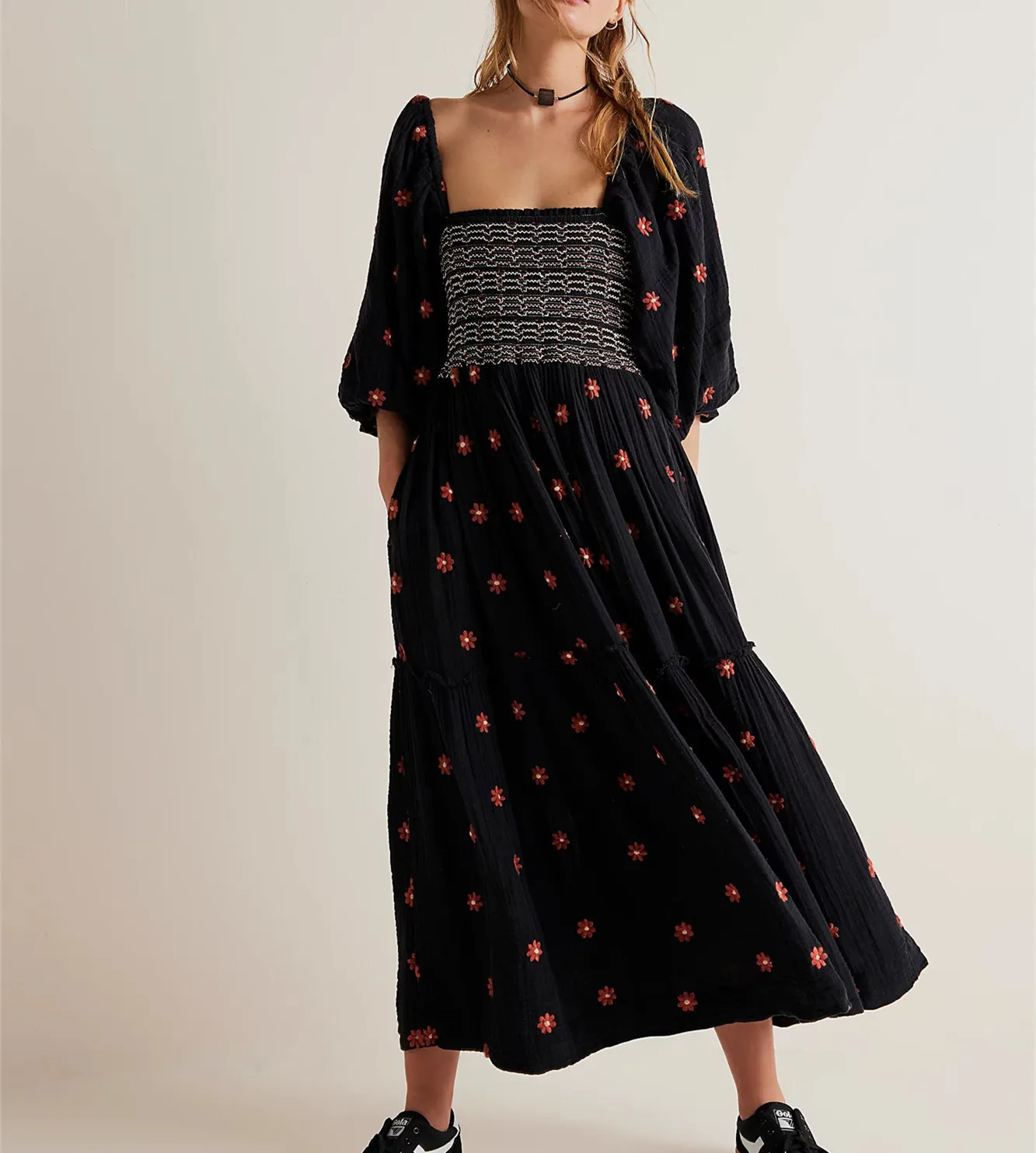 Abito Donna Ricamato Con Fiori - Maniche A Lanterna, Scollo Quadrato, Fluido E Comodo, Per Gravidanza E Non - Foto 4