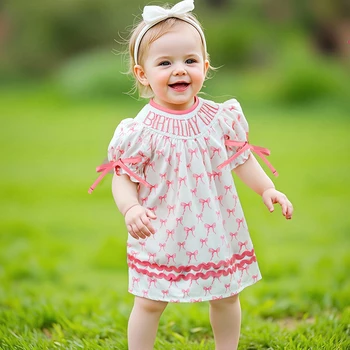 Toddler Girl Birthday Dress with Puff Sleeves and Embroidered Letters Smocked Summer Party Dress for Baby Girls 4
