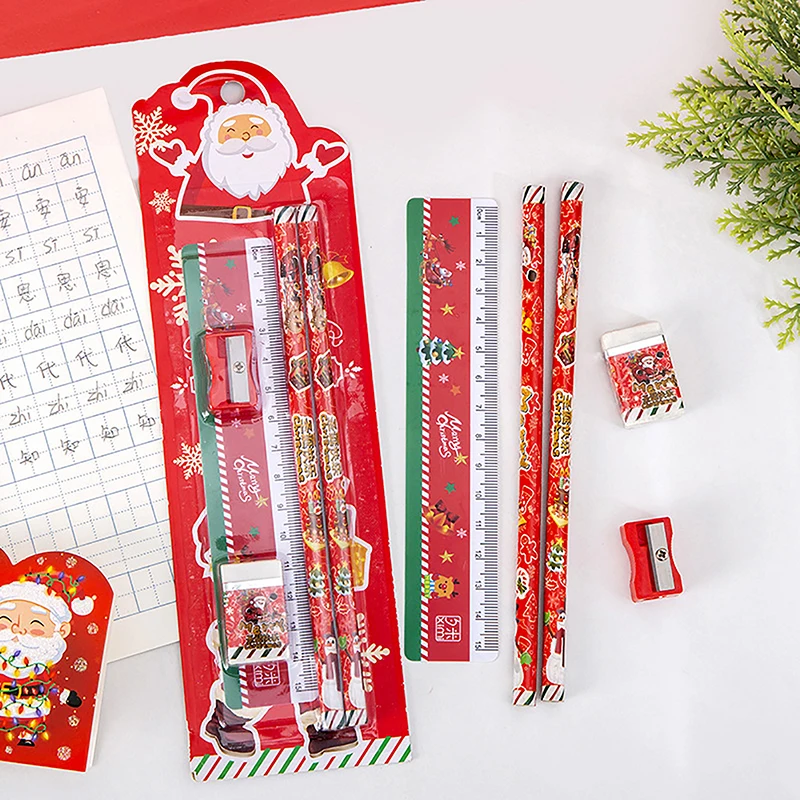 

5Pcs/set Cartoon Christmas Stationery Kids Writing Tools Drawing Pencil Eraser For Girls Gift Office School Supplies Student Sta