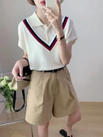 Aesthetic Splicing Baggy Women's Polo Shirts Contrast Color Summer Outfit Ice Silk Short Sleeve Female Tee Lapel Button T-shirts - Image 2