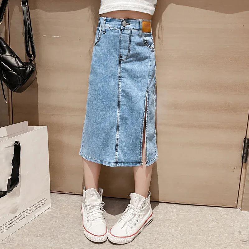 Girls\' Denim Skirt 2022 New Children\'s Skirt Summer Half Split Skirt Big Kids Bomb Street Skirt Children\'s Slim Half Skirt