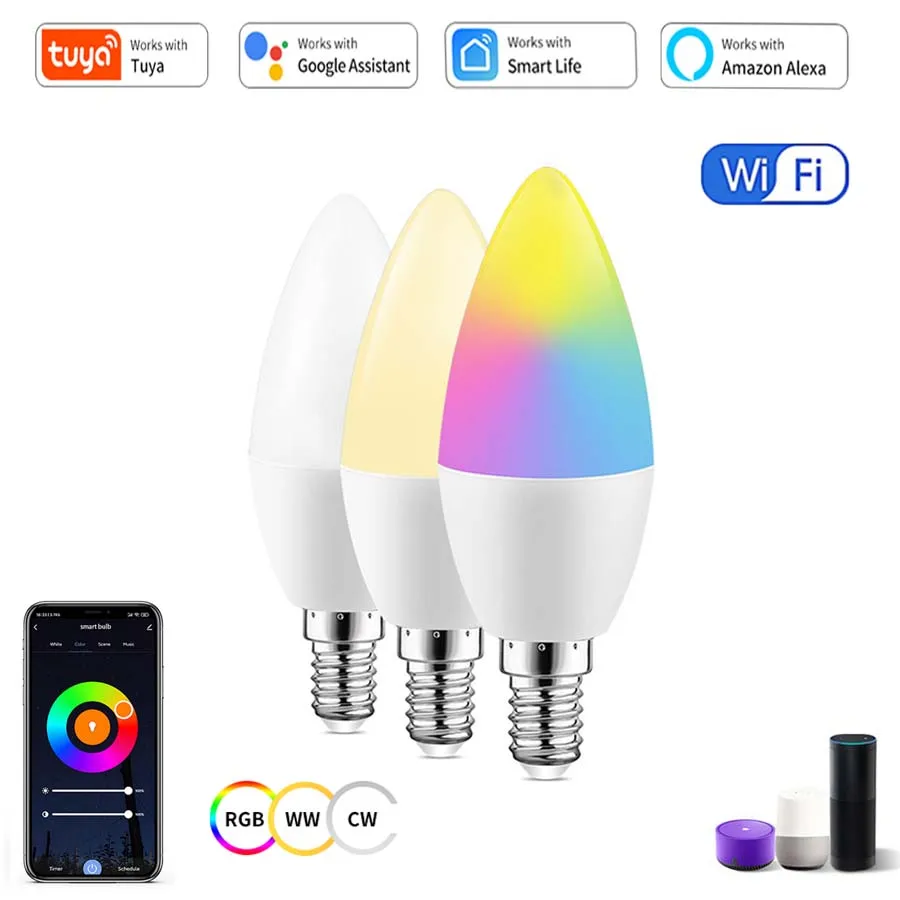 Tuya Smart WiFi LED Bulb 5W/7W/9W 220V E14 Candel Light Dimmable RGB Lamp APP Control Support Alexa Google Home for Home Decor