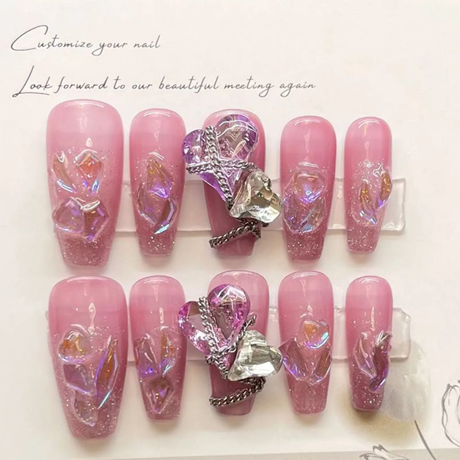 

10pcs Handmade Sweet Pink False Nails with Glitter Rhinestone Design Fake Nail Tips Full Finished Shiny Crystal Press on Nails