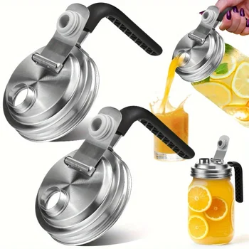 2Pcs Stainless Steel Mouth Mason Jar Lids Reusable Mason Jar Lids Wide Mouth Mason Jars With Handle For Kitchen Tool Accessories 2