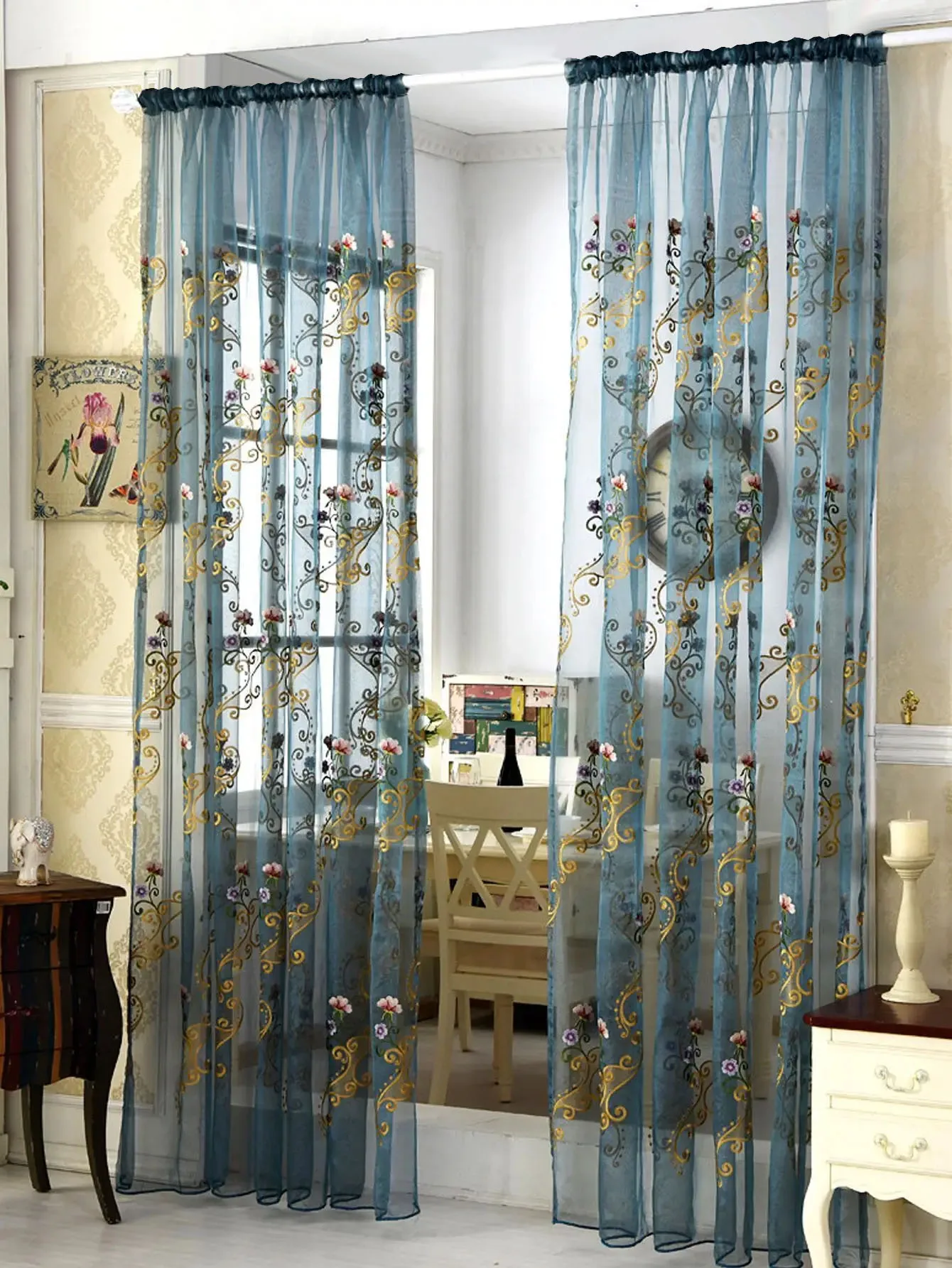 Curtain for Living Room and Bedroom 1pc Blue Embroidered European Flower Gauze 2
