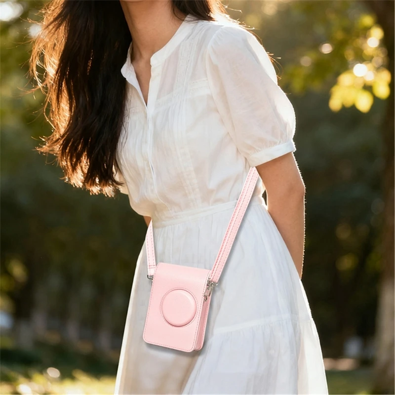Waterproof Pink PU Leather Crossbody Camera Case with Adjustable Strap