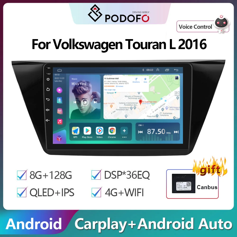 

Автомагнитола Podofo, 2Din, Android, мультимедийный видеоплеер для Volkswagen Touran L 2016, GPS-навигация, Carplay, автомобильное стереоустройство